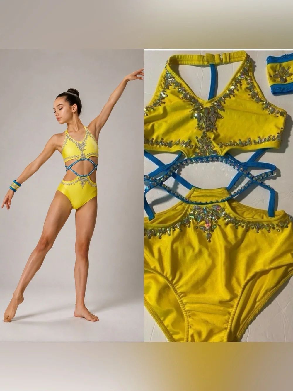 Custom Solo Dance Costume Yellow Blue Rhinestone Jazz Costume MA-Medium adult